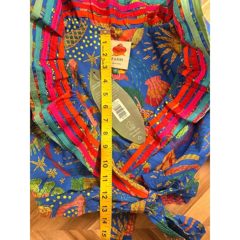 FARM Rio Ocean Blouse XS‎ Blue Multicolor Embroidered Puff Sleeve Wrap Crop Boho